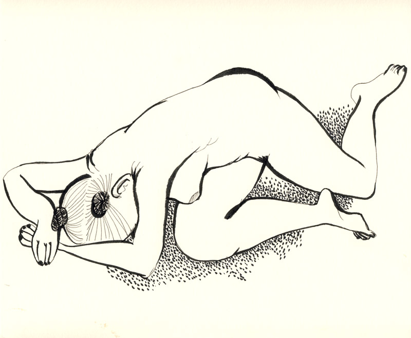 femme allongée nue, dessin de nu, pentel et crayon