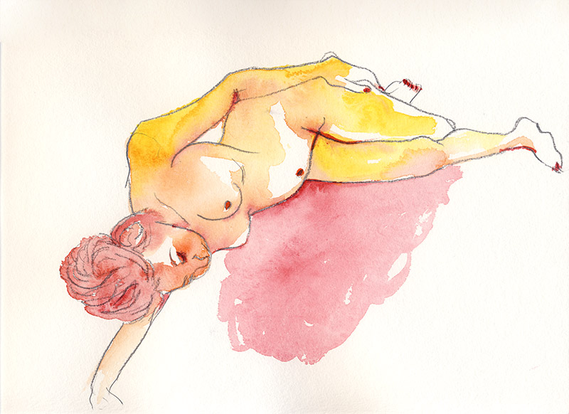 femme allongée sur le coté quarelle dessin atelier de nu paris
