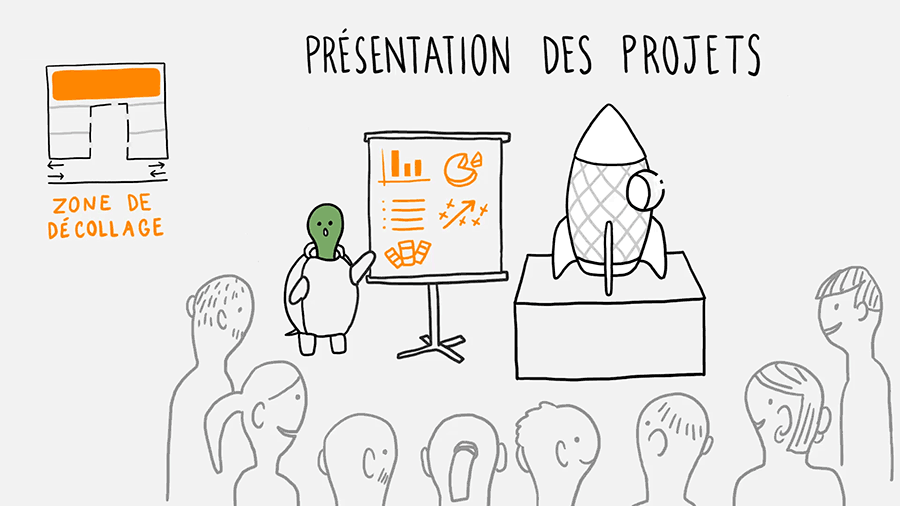 présentation dessinée avec une fusée qui s'envole et une tortue qui présente devant une audience
