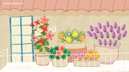 dessin de balcon pour france bleu, expliquez-nous, jardinage, vidéo illustrée pédagogique, départ en vacances, arroser plantes