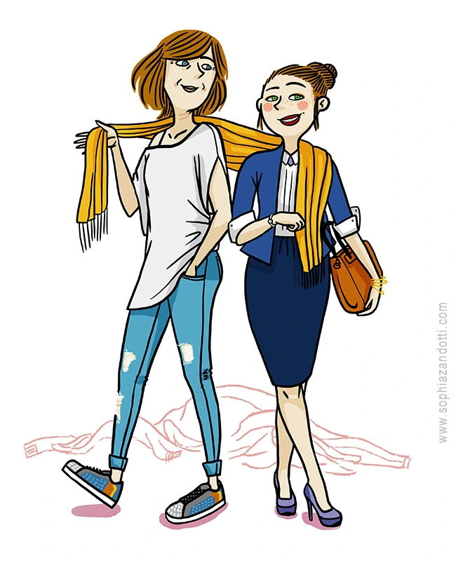 mere et fille qui échangent vêtements, femme mure et jeune fille working girl