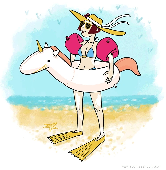 femme dans une bouée licorne à la mer avec lunettes de soleil