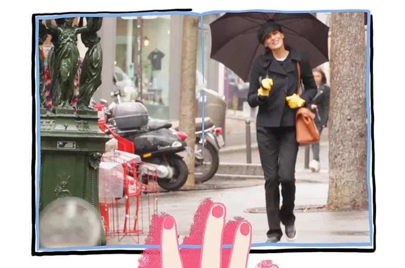 carnet vidéo illustré, melange vidéo et dessin qui montre des visites de lieux dans Paris, dessin a plat de couleurs, animation