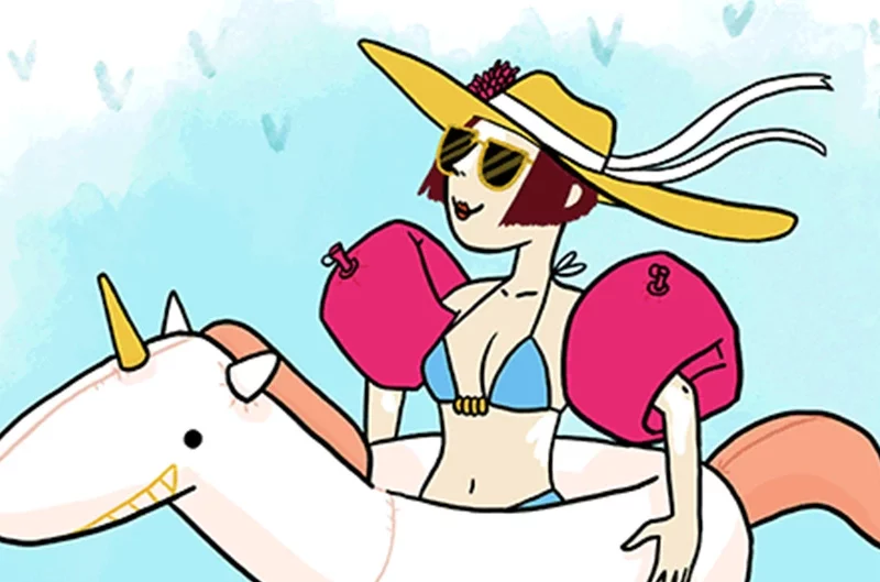 femme qui porte une bouée licorne à la plage - illustratrice sophia zandotti - freelance graphiste à orléans