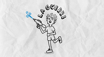 diaporama pour mariage alternative vidéo dessinée qui raconte la vie des mariés, garçon qui fait une bataille d'eau, vidéo scribing